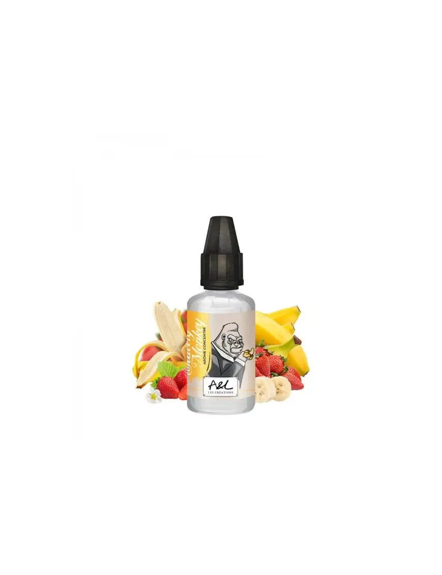 Arôme concentré fruité aux saveurs exotiques, fraise, banane et vanille, flacon avec bouchon sécurisé.